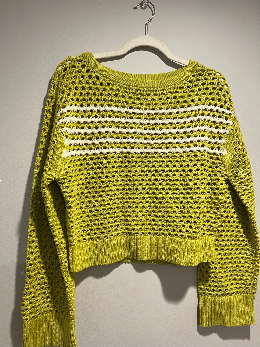 J Crew Women’s Lime Open-Knit Pullover Sweater with White Stripes
